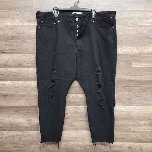 Levi's 501 High Rise Wedgie Skinny Button Fly Jeans Black Distressed Plus 24W - Picture 3 of 14